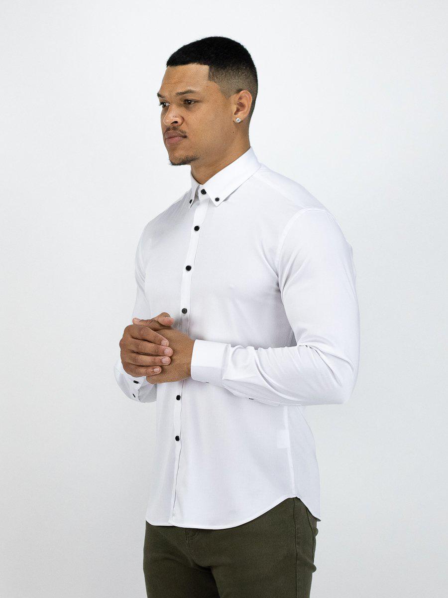 Return Sale - Bamboo Satin Stretch Shirt - White Contrast - Kojo Fit