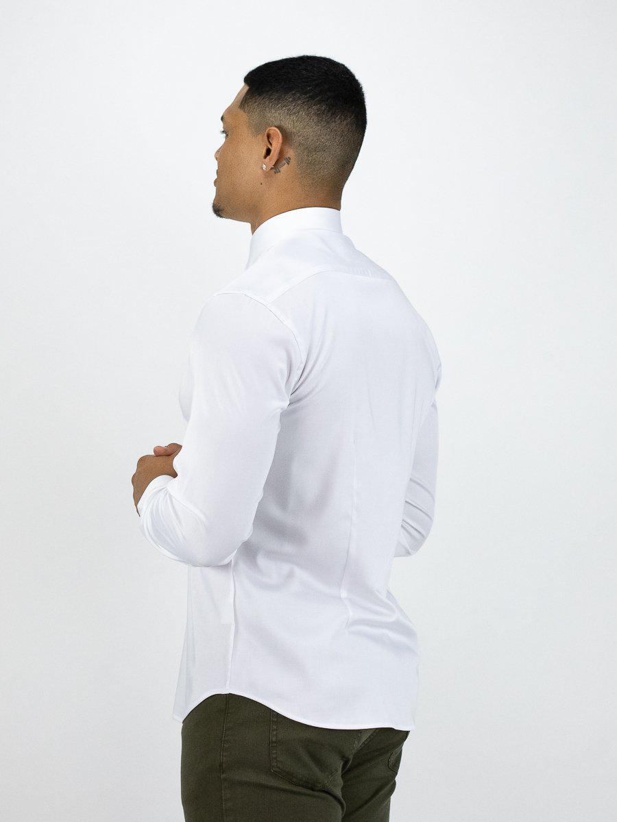 Return Sale - Bamboo Satin Stretch Shirt - White Contrast - Kojo Fit