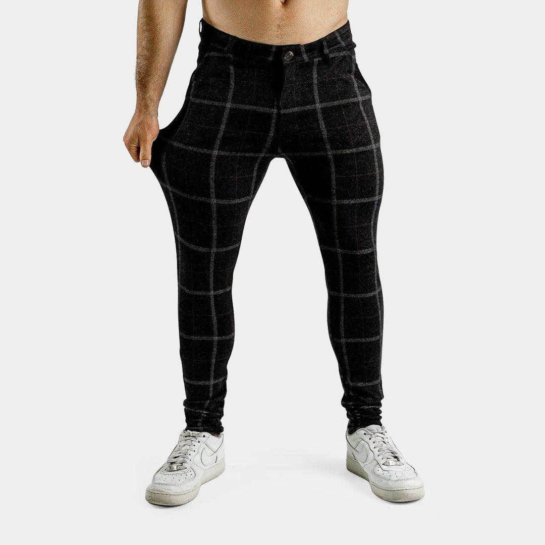 Stretch mens black check trousers