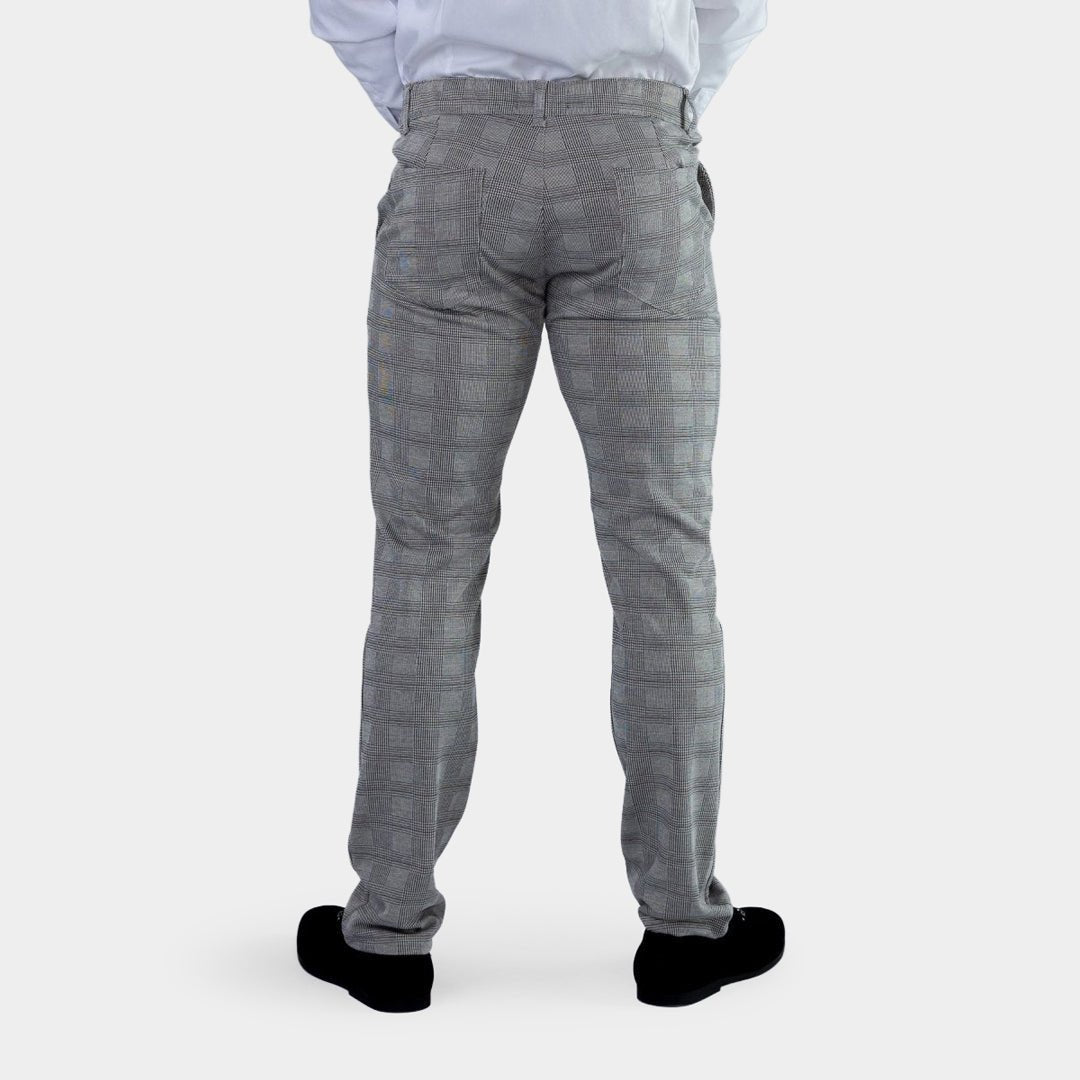 Mens Grey Plaid Slim Fit Stretch Chinos